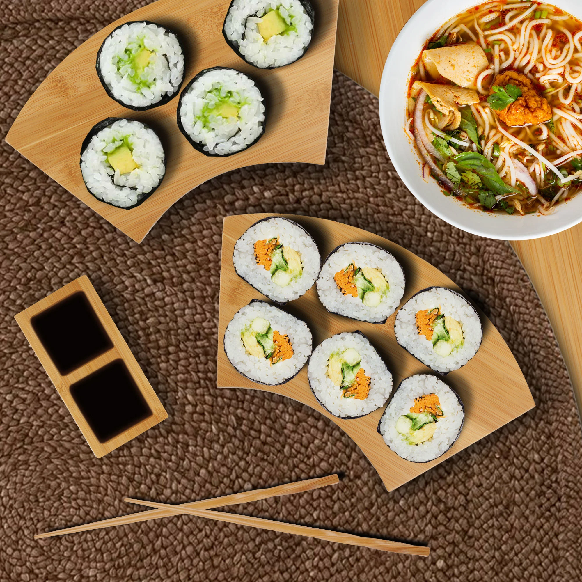 Bamboo Sushi Board Tray, Chopsticks and Compartment Sauce Dish Sets - Image 2
