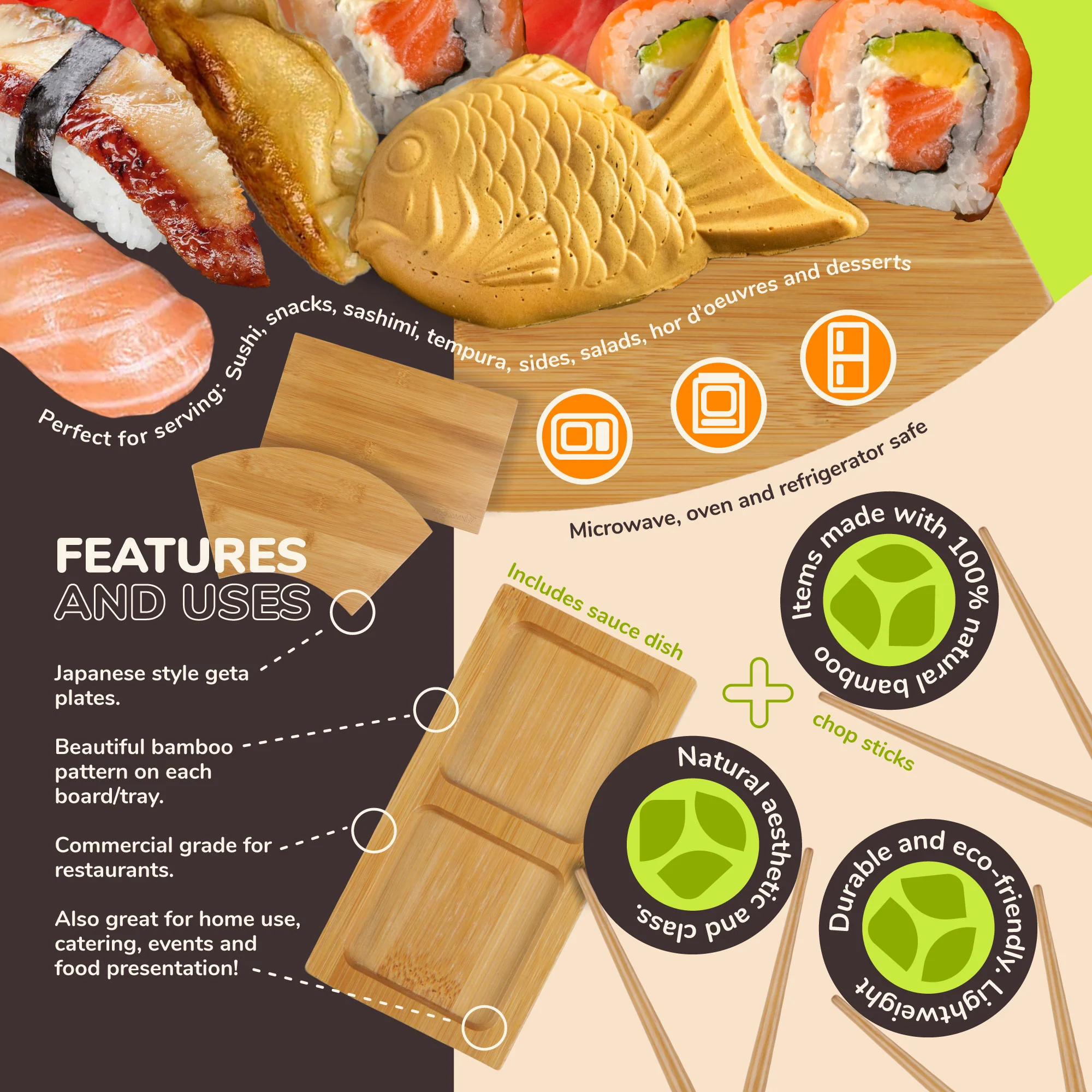 Bamboo Sushi Board Tray, Chopsticks and Compartment Sauce Dish Sets - Image 5
