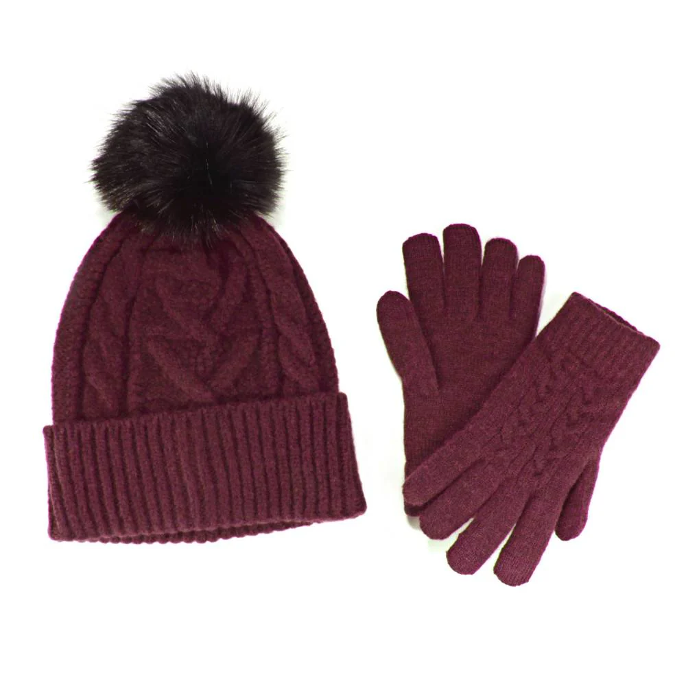 Women's Classic Winter Pom Pom Beanie Hat and Gloves Set - Image 10