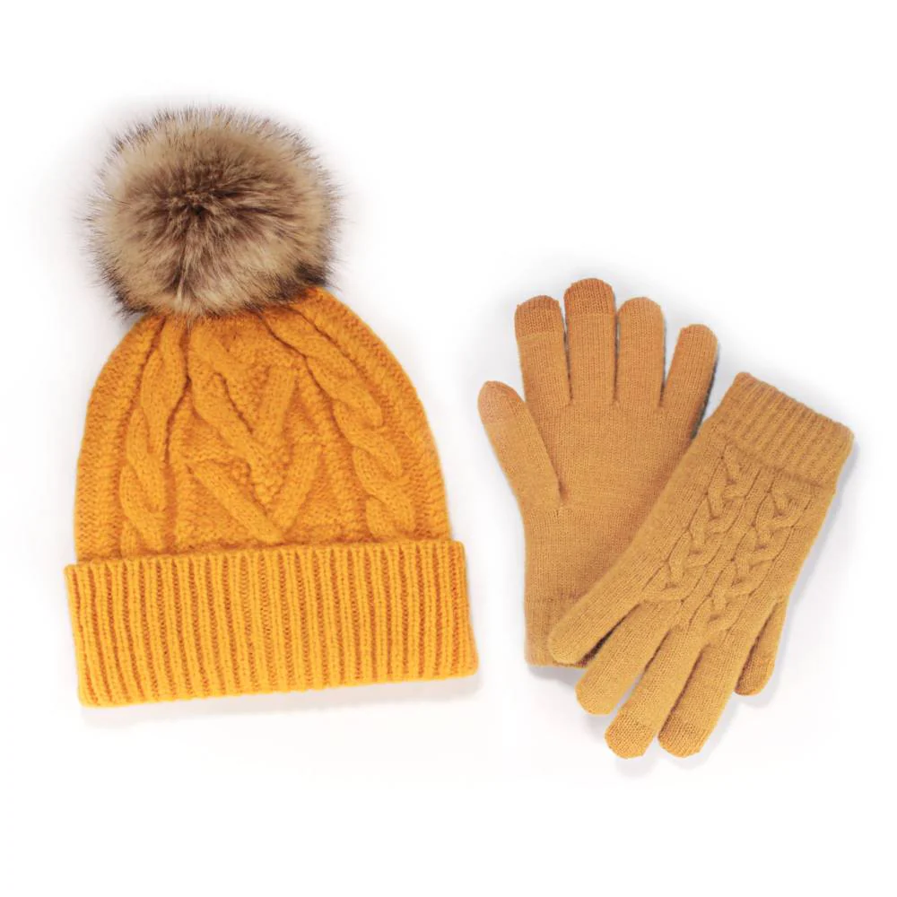 Women's Classic Winter Pom Pom Beanie Hat and Gloves Set - Image 11