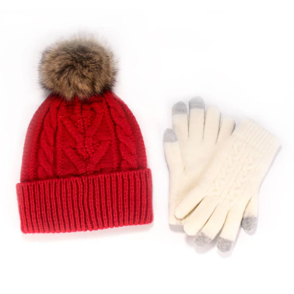 Women's Classic Winter Pom Pom Beanie Hat and Gloves Set - Image 4