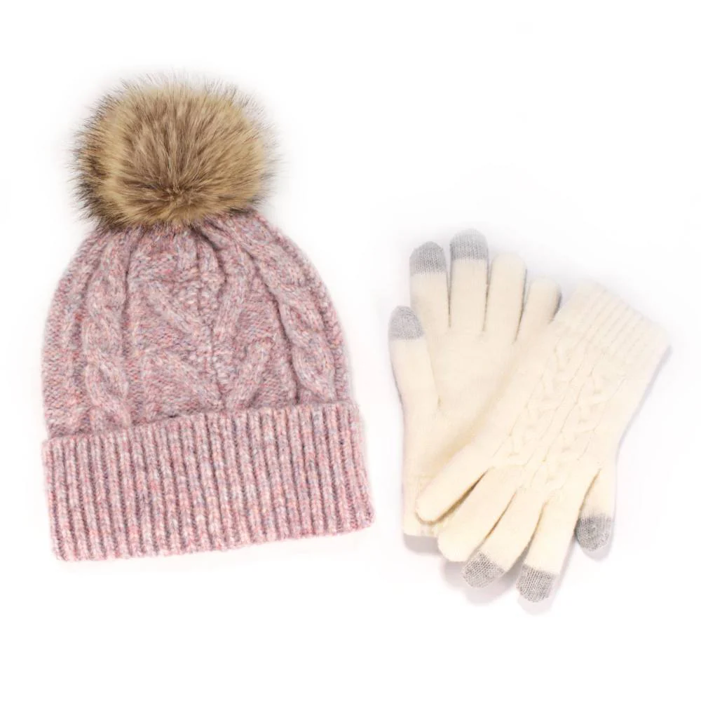 Women's Classic Winter Pom Pom Beanie Hat and Gloves Set - Image 5