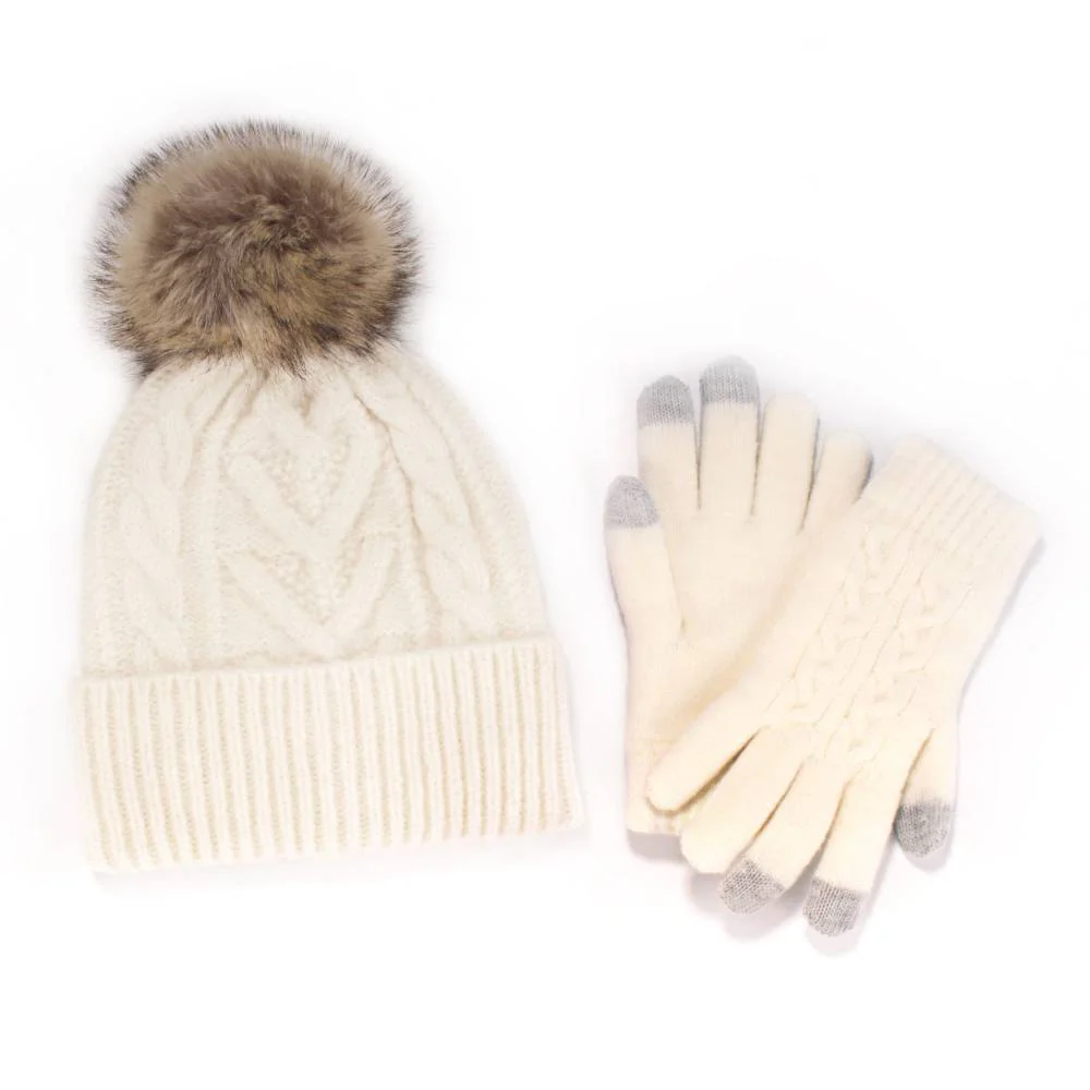 Women's Classic Winter Pom Pom Beanie Hat and Gloves Set - Image 6