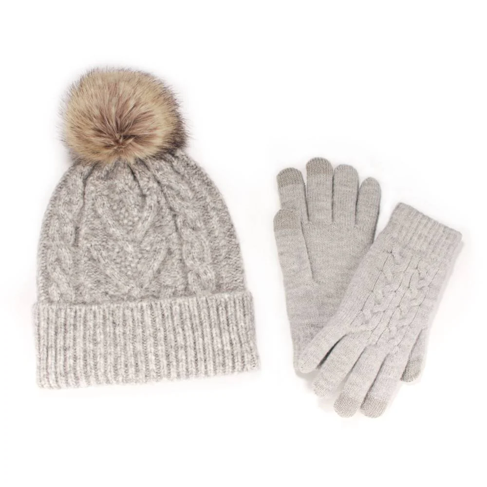 Women's Classic Winter Pom Pom Beanie Hat and Gloves Set - Image 7