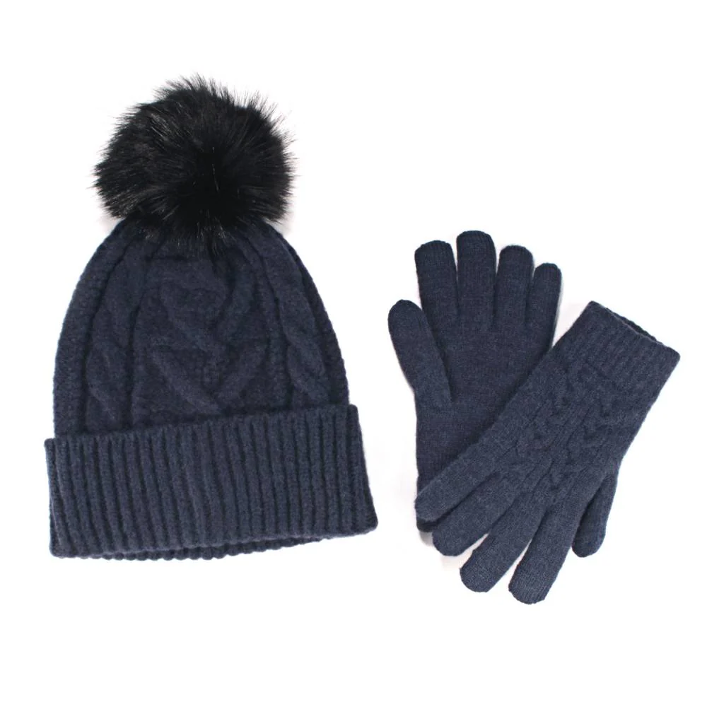 Women's Classic Winter Pom Pom Beanie Hat and Gloves Set - Image 8