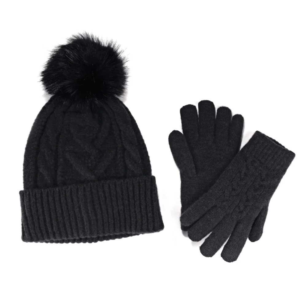 Women's Classic Winter Pom Pom Beanie Hat and Gloves Set - Image 9
