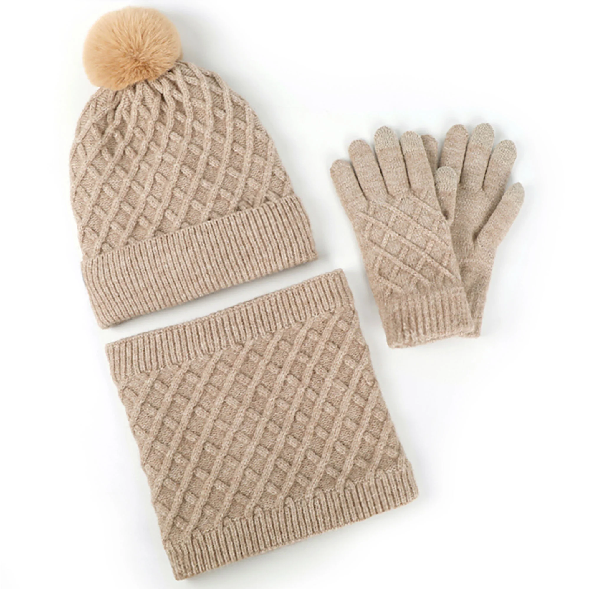 Unisex Winter Pom Pom Hat, Infinity Scarf and Glove Set - Image 4