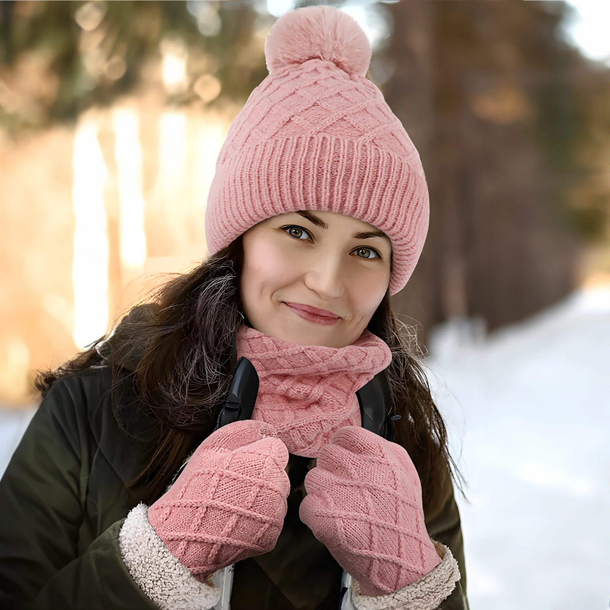 Unisex Winter Pom Pom Hat, Infinity Scarf and Glove Set - Image 8