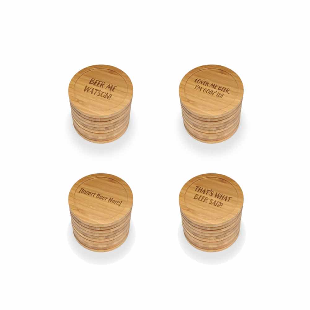 Beer and Wine Phrases Round Custom Engraved Bamboo Coaster Set