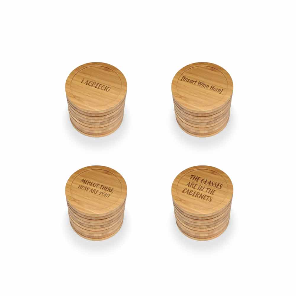 Beer and Wine Phrases Round Custom Engraved Bamboo Coaster Set - Image 2