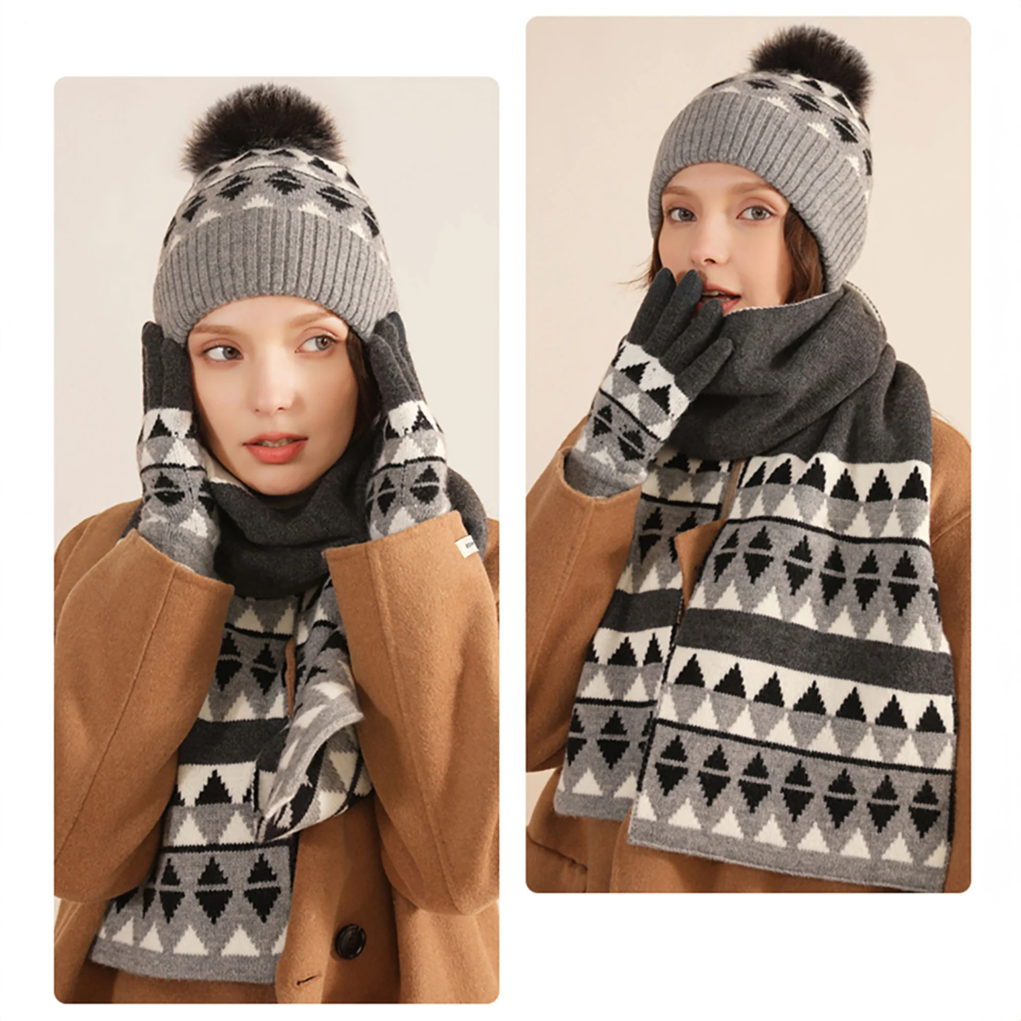 Unisex Winter Pom Pom Hat, Scarf and Glove Set - Image 2