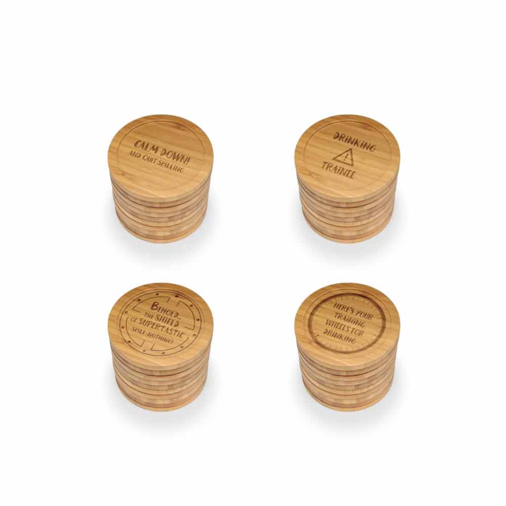Simple Phrases Round Custom Engraved Bamboo Coaster Set