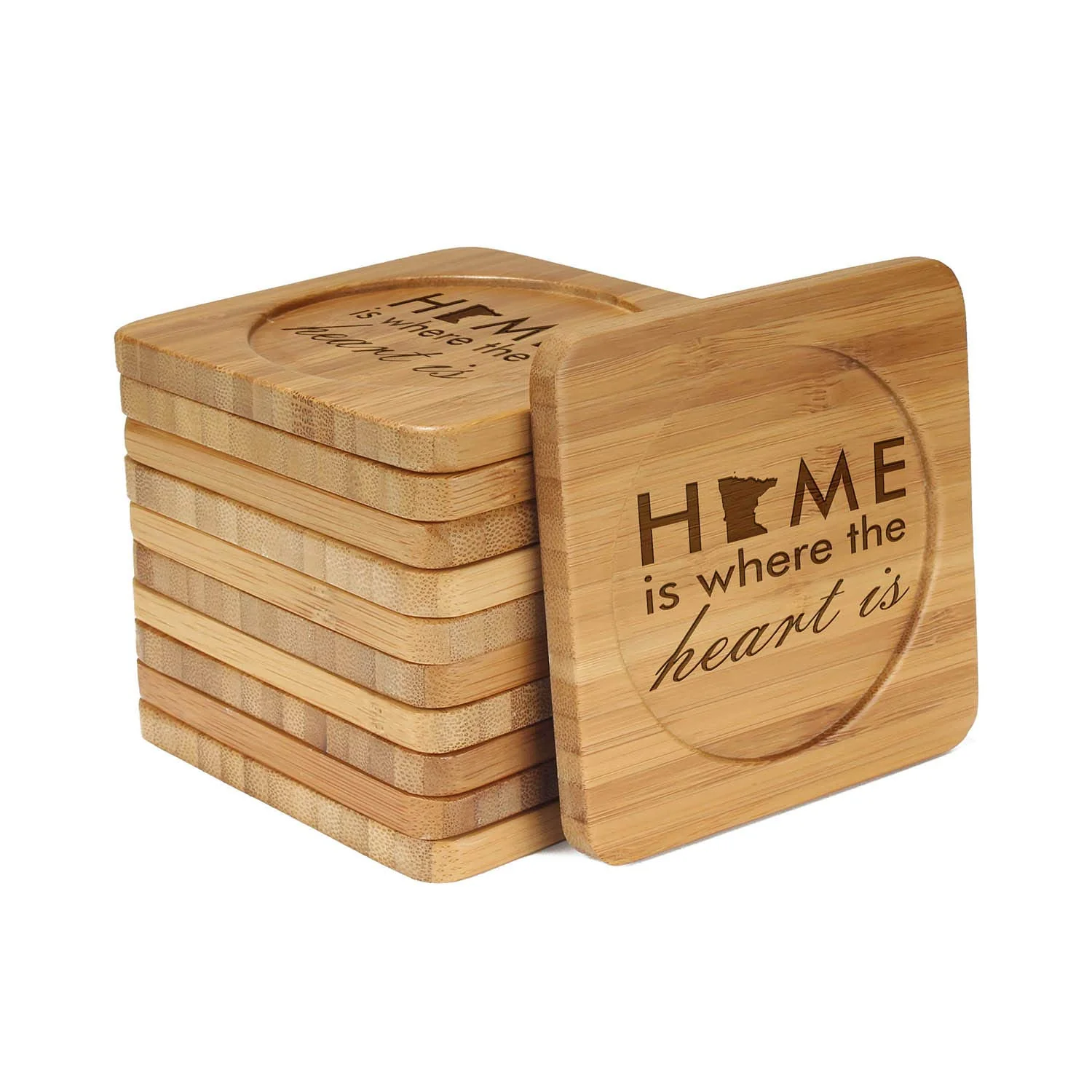 Home is Where the Heart is Square Custom Engraved Bamboo Coaster Set
