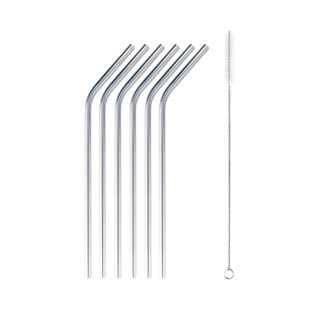 Bent Stainless Steel Reusable Drinking Straw w/ Cleaning Brush