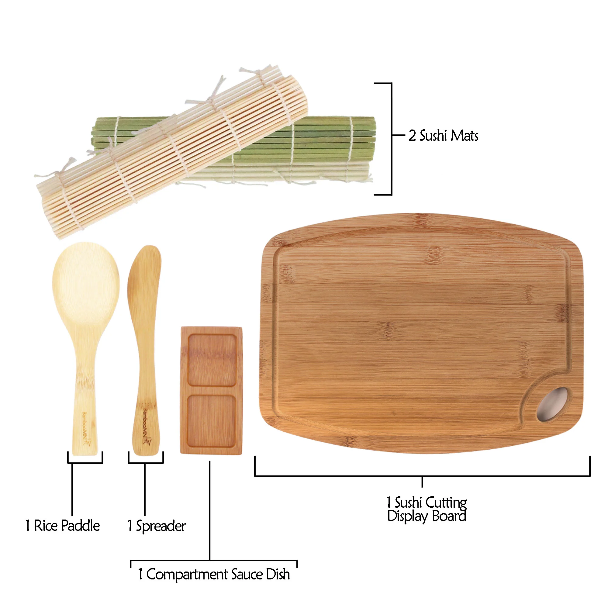 Sushi Rolling Mats, Rice Paddle, Spreader, Sushi Sauce Dish, and Medium/Large Board Kit - Image 4