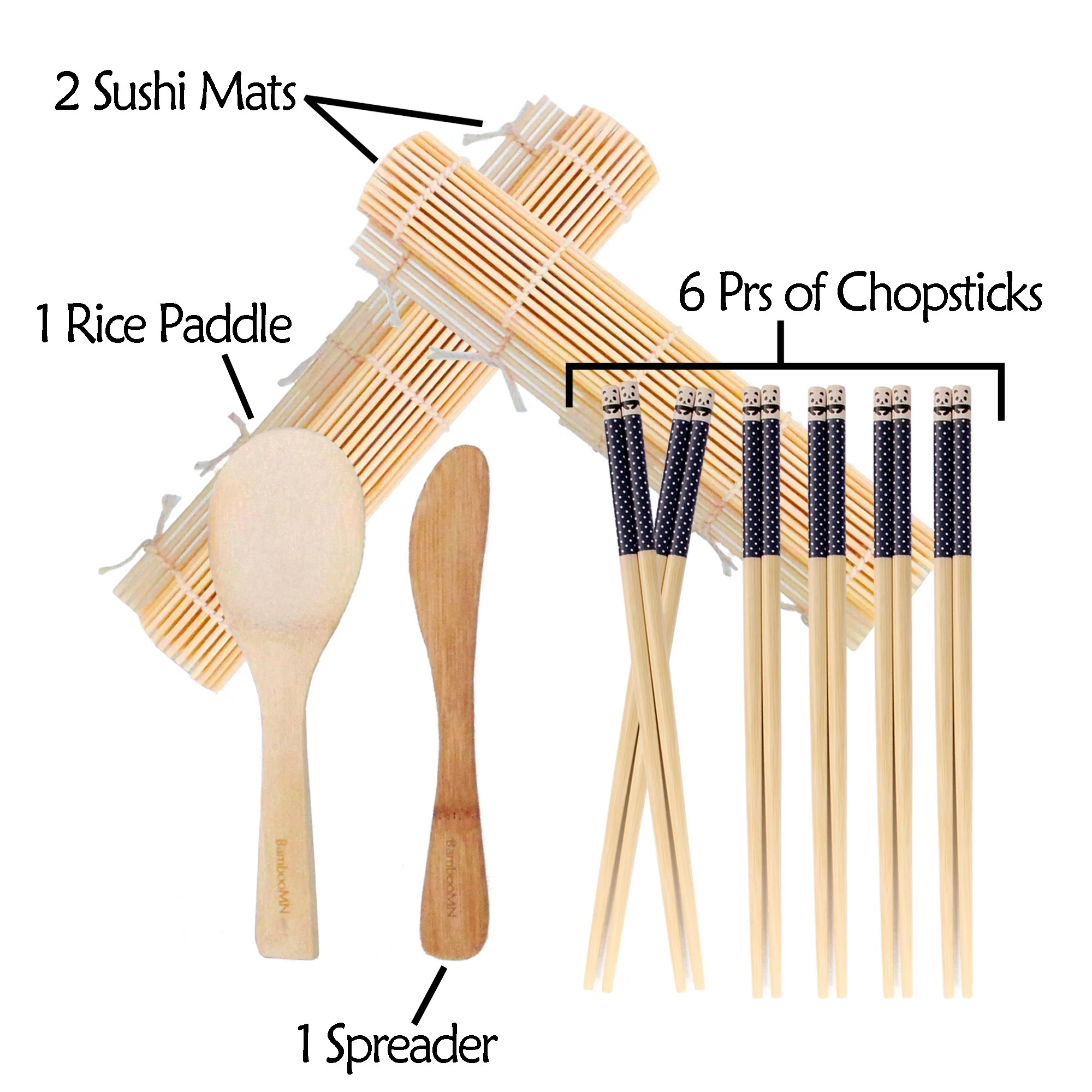 Complete Sushi Making Kit -  2x Natural Bamboo Roller Rolling Mats, 1x Bamboo Rice Paddle, 1x Bamboo Rice Spreader, 6 Pairs of Bamboo Chopsticks - Image 3