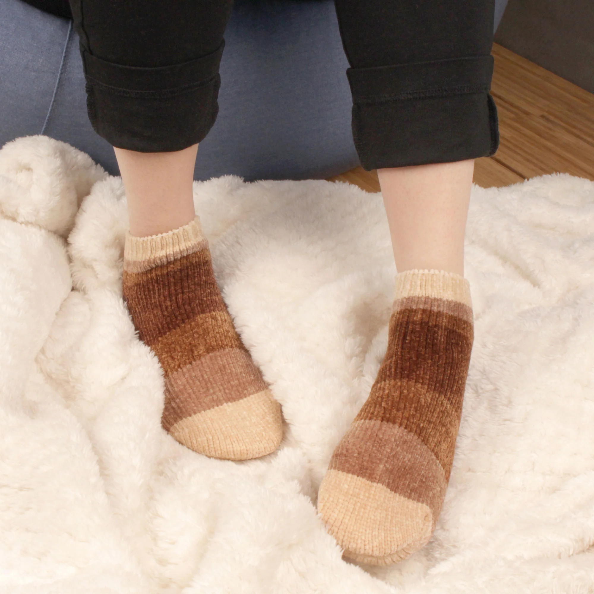Women's Soft Chenille Furry Fuzzy Color Block Ankle Home Socks - Image 34